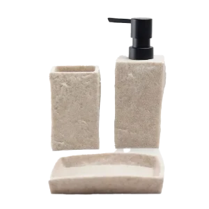 Aminsuk 3-Piece Beige Stone Bathroom Set with Dispenser, Toothbrush Holder & Soap Dish
